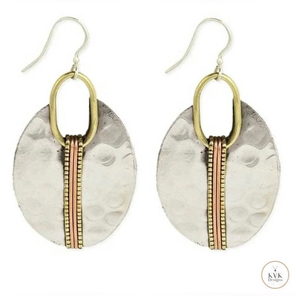 Mixed Metal Boho Hammered Silver Oval Earrings Boho Dangle​